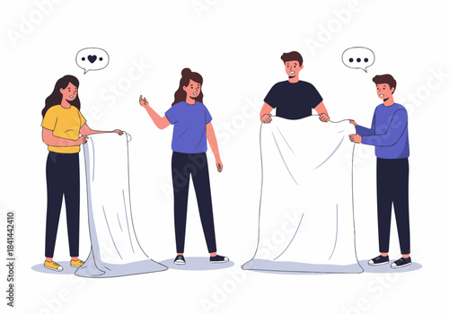 Diverse individuals holding blank white fabric sheets, poised to reveal or present concepts, with thought bubbles indicating different reactions or ideas.