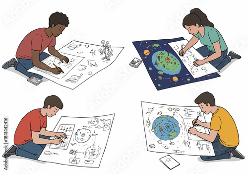 Diverse group of children actively engaging in creative science and space exploration projects, drawing maps and diagrams on the floor, fostering curiosity and learning.