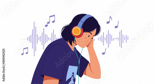 Youth listening to music with wired headphones, surrounded by abstract sound waves and musical notes, illustrating a personal audio experience.