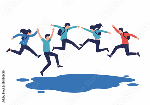 Energetic diverse young people jumping over a puddle, symbolizing overcoming challenges, teamwork, progress, and success with happiness and enthusiasm.