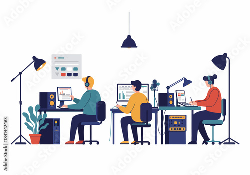 Creative professionals collaborating in a modern studio environment, utilizing digital tools for multimedia production, illustrating teamwork and innovation.