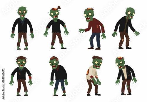 Diverse set of cartoon zombie characters in various poses, perfect for Halloween, horror themes, and game design, isolated on a white background.