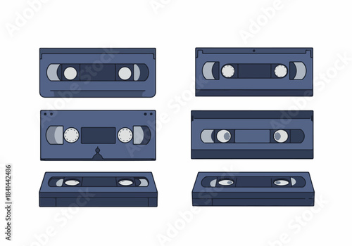A collection of retro VHS video cassette tapes depicted in various flat design illustrations, evoking nostalgia for vintage analog recording technology.