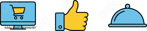 Online shopping icon, thumbs up symbol, food service cloche, digital commerce, customer satisfaction, restaurant, approval, e-commerce, dining