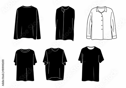 A collection of minimalist black and white t-shirt and shirt silhouettes, showcasing various casual and formal garment outlines for fashion design and apparel.