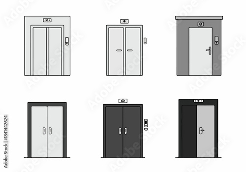 Set of six flat design elevator doors with various styles, featuring different button panels and indicators, isolated on a clean white background.