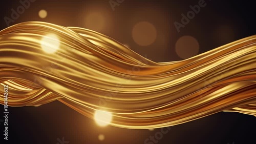 Elegant Golden Waves Abstract Background with Shimmering Light and Bokeh Effects.