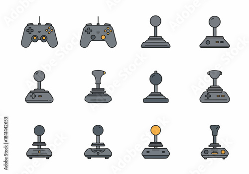Collection of various game controllers and joysticks, representing gaming, arcade, and digital entertainment devices in a flat design style.