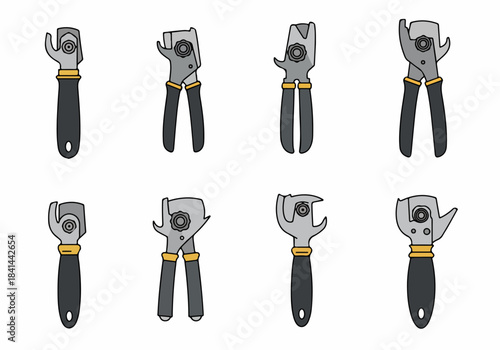 Diverse manual can opener tools set, featuring eight unique designs for kitchen convenience and food preparation, isolated on white background.