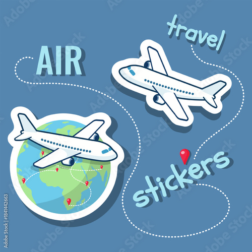 Set of flat airplane travel stickers with globe, flight routes and location pins. Perfect for tourism, travel blogs, luggage stickers, aviation design and creative graphic projects.