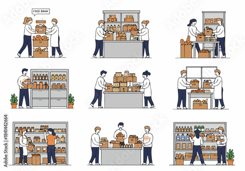 Volunteers organizing and distributing food at a food bank, showcasing community support and charity efforts in various illustrated scenes.