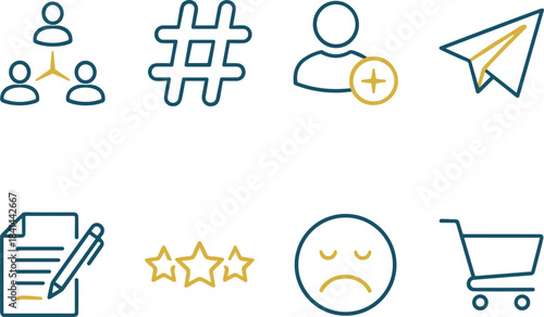 Social media icons, user interaction, online shopping, feedback, rating, writing, messaging, hashtag, network, communication, review