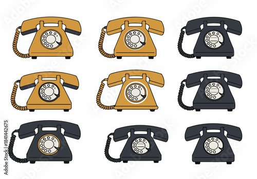 Grid of Retro Rotary Dial Telephones: Classic landline communication icons showcasing vintage technology and nostalgic connection in orange and black colors.