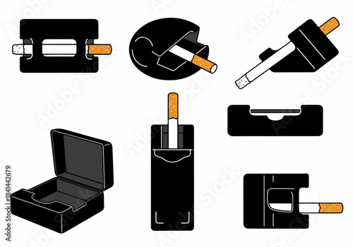 Flat design vector set of smoking accessories: various ashtrays, cigarette cases, and holders in black and white minimalist style, suitable for iconography.