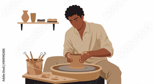 Artist sculpting clay on a potter's wheel, illustrating the craft of ceramics and handmade pottery, showcasing traditional artistry and skill.