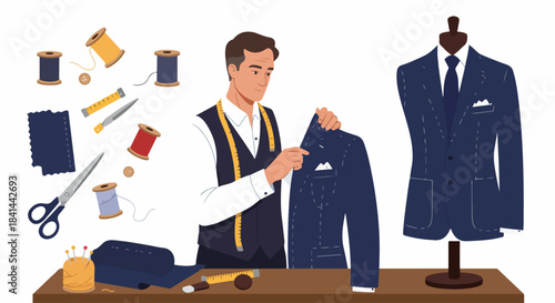 Skilled tailor at work, meticulously crafting a custom suit jacket with traditional sewing tools, showcasing bespoke craftsmanship and fine menswear.
