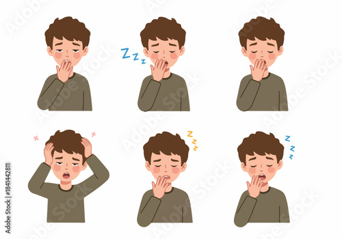 Cartoon illustration set of a sleepy young man yawning, feeling tired, and suffering from a headache due to fatigue.