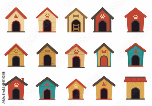 Collection of diverse cartoon dog houses with paw print and bone decorations, showcasing various colors and styles for pets.