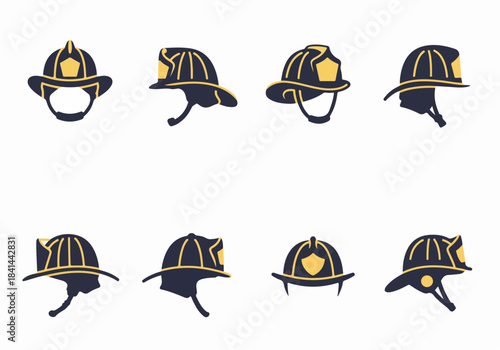 Set of Firefighter Helmet Icons in Dark Blue and Yellow, showcasing various angles and minimalist design for emergency services and safety themes.