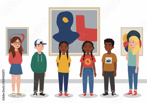 Diverse group of young people enjoying an art exhibition in a modern gallery, observing abstract paintings with interest.