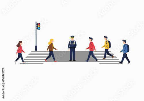 Police officer directing pedestrians at a crosswalk with a traffic light, illustrating urban safety, law enforcement, and community guidance in a flat vector style.