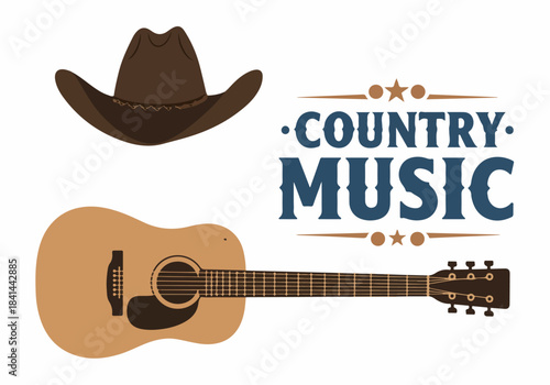Country Music Vector Illustration: Cowboy Hat and Acoustic Guitar for Music Events, Festivals, and Themed Designs