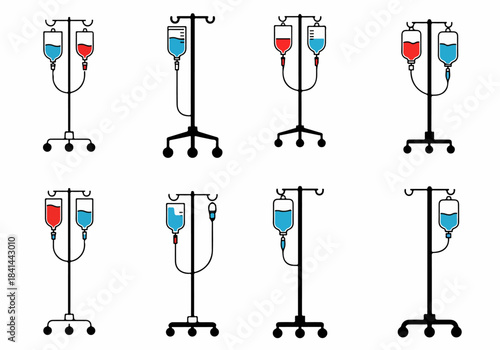 Medical IV Drip Stands with Saline and Blood Bags Vector Icon Set: Essential Healthcare Infusion Equipment for Hospital and Clinic Treatment Illustrations