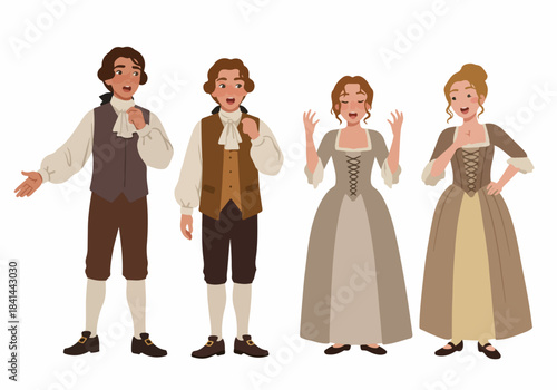 Cartoon illustration of an 18th-century opera cast: two men and two women in period costumes, performing with expressive gestures on a white background.