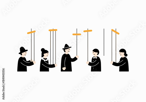 Puppeteers manipulating people with strings, symbolizing control, power dynamics, and societal influence. An illustration of dependency and hierarchy.