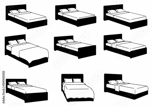 Collection of black and white bed icons, offering diverse perspectives of a double bed with pillows and bedding, ideal for sleep and accommodation themes.