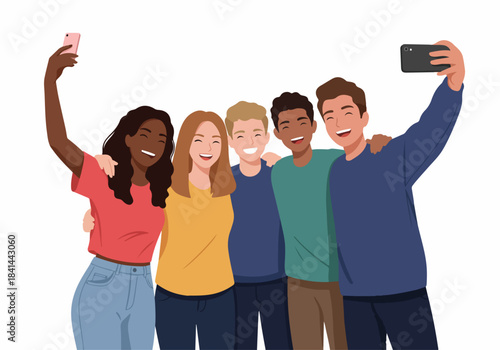 Joyful diverse young adult friends taking a group selfie, celebrating happiness, unity, and modern digital connection in a flat illustration style.