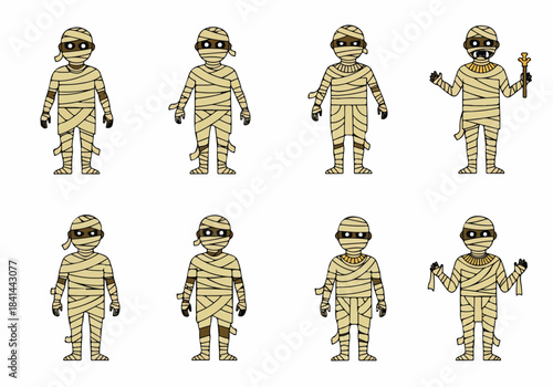 Collection of Eight Cute Cartoon Mummies for Halloween, Ancient Egypt Themes, and Holiday Designs.