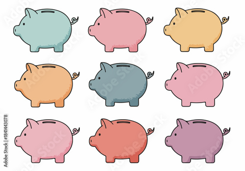 Nine diverse pastel piggy banks illustrating concepts of saving money, financial growth, budgeting, and wealth management.
