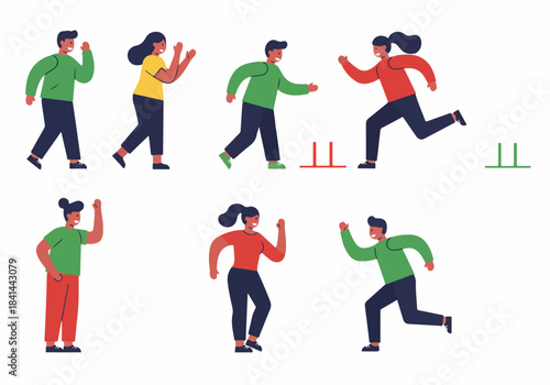 Diverse group of people engaged in various active poses and movements, representing play, exercise, and dynamic interaction in a flat vector style.