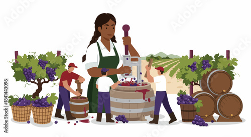 People crushing grapes in a vineyard for winemaking, surrounded by barrels and fresh harvest, depicting the traditional wine production process.
