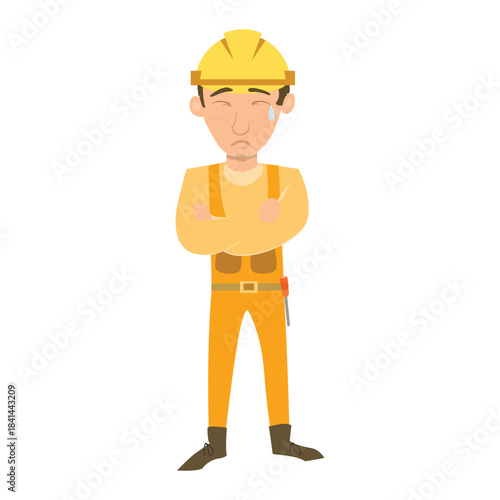 Sad construction worker standing with arms crossed, looking disappointed or rejected
