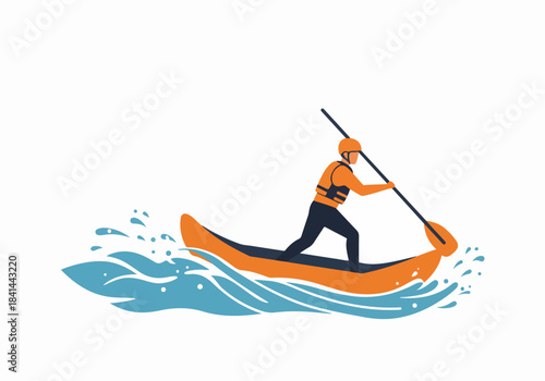 Dynamic flat illustration of a person navigating a canoe or kayak in splashing water, wearing safety gear.