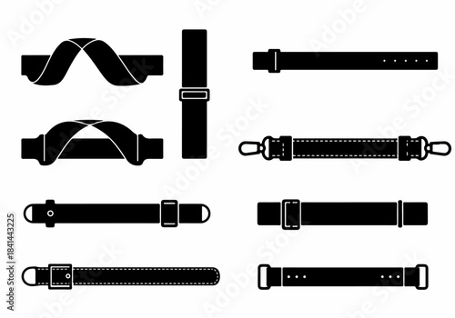 Collection of diverse black strap and belt silhouettes, including bag handles, adjustable straps, and buckle elements, ideal for design and accessory concepts.