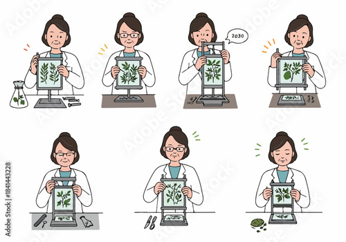 Botanical research process with a female scientist, examining plant specimens and using scientific equipment.