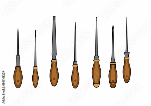 Illustrated set of classic woodworking hand tools including various chisels, awls, and a file, isolated on white.