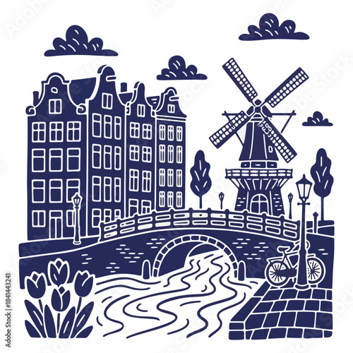 Monochrome stylized illustration of a charming Dutch canal city featuring traditional houses, an iconic windmill, a picturesque bridge, flowing water, vibrant tulips, and a bicycle