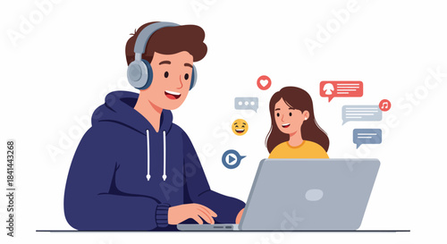 Young man with headphones uses laptop for online communication, interacting with a smiling woman and social media icons, symbolizing digital connection and modern social networking.