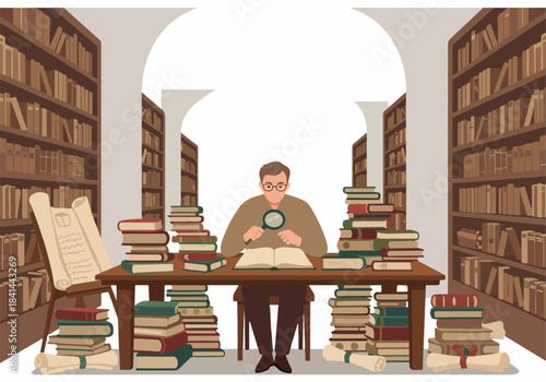 A diligent scholar uses a magnifying glass to meticulously examine an old book, surrounded by vast stacks of books in a traditional library, symbolizing intense research and academic dedication.