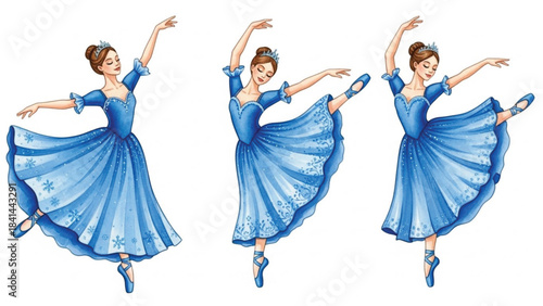 Classic Christmas Blue Ballerina Dancers Set, Elegant Ballet Girls in Blue Costumes, Watercolor Ballet Illustration Collection