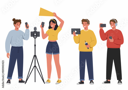 Diverse Youth Engaging in Digital Content Creation and Consumption, Utilizing Smartphones, Tablets, and Microphones for Modern Online Communication.
