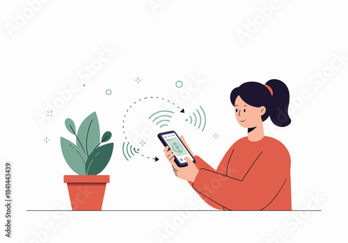 Woman using a smartphone to monitor a potted plant with smart gardening IoT technology, illustrating modern home automation and plant care.