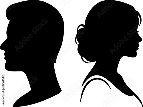  Male and Female Silhouette Portraits in Profile View on White Background – Classic Head Outlines