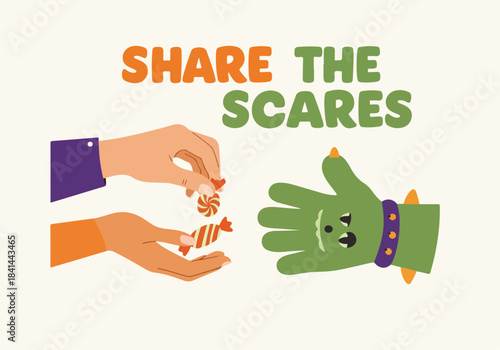 Friendly monster receives Halloween candy from human hand with 'Share the Scares' message, whimsical cartoon illustration.