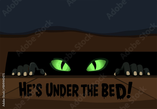 Monster Under the Bed with Glowing Green Eyes and Spooky Hands, Illustrated for Halloween and Childhood Fears