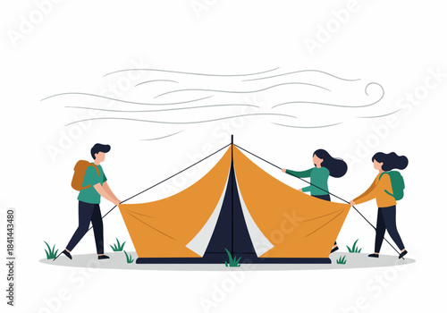 Group of friends collaboratively setting up an orange camping tent for an outdoor adventure, emphasizing teamwork and recreation in nature.